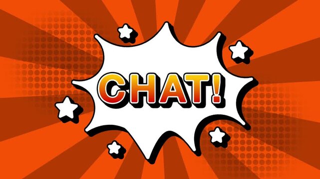 Chat text word lettering popup comic cartoon reveal with bomb and smoke explosion manga anime book page dots with radial speed lines doodle orange background with seamless loop animation retro