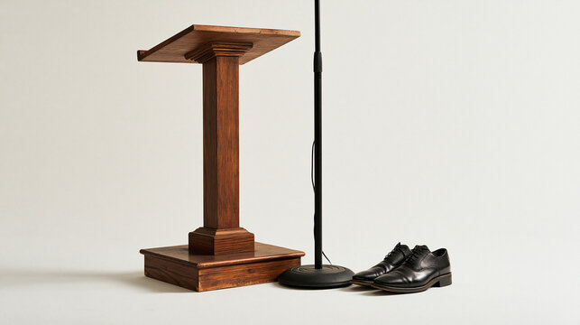 Public speaking coach single worn wooden lectern isolated on sterile white background microphone stand leaning beside polished shoes former executive transition freedom consulting symbol minimal obj