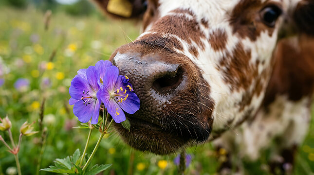 Brown and white cow delicately sniffing a vibrant purple wildflower in a sunny meadow