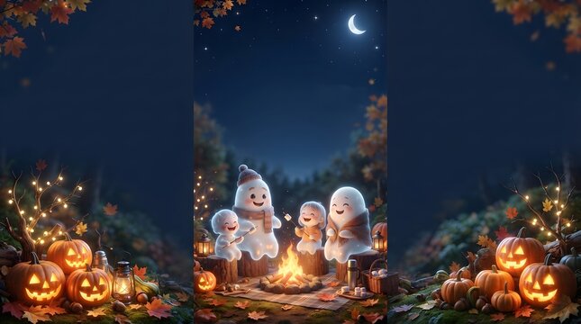 Cute little ghosts sitting around a campfire in a dark forest surrounded by glowing jack o lanterns