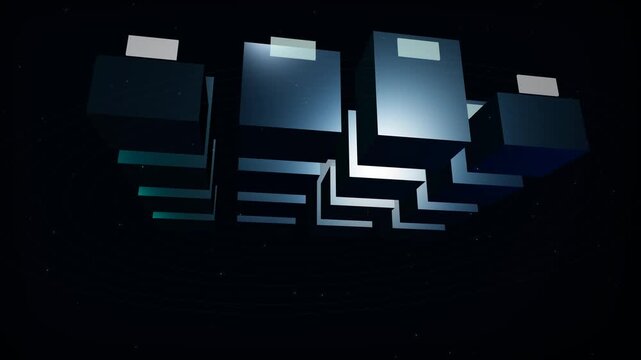 Software Deployment Pipeline Animated Presentation With Rotating Abstract 3D Cubes Representing Workflow Stages On A Dark Background