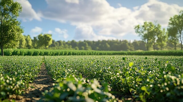 Lush green soybean field, sunny day, rural landscape, agriculture.