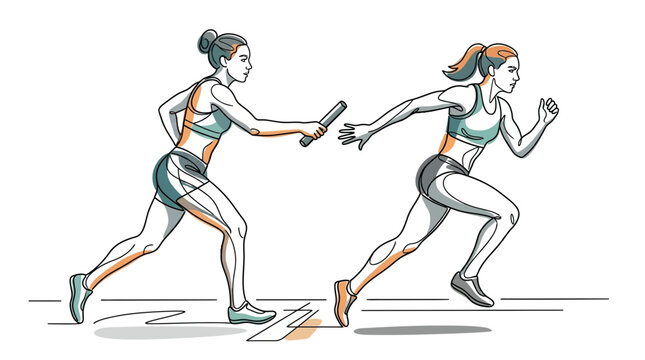Female runners perform a baton handover during a track and field competition.