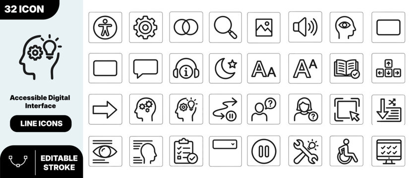 Accessible digital interface icon set for inclusive user experience and web design