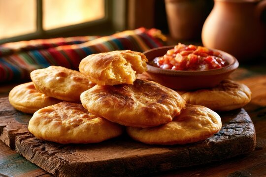 Warm, comforting sopaipillas with pumpkin flavor and salsa on a wooden table