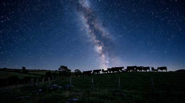 Silhouetted Cows Grazing Under a Dazzling Milky Way Starry Night Sky Above a Rural Field