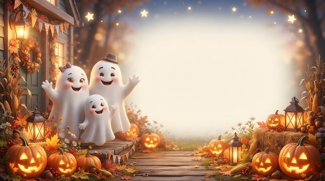 Cute cartoon ghosts with jack o lanterns and festive autumn decorations with empty copy space for text