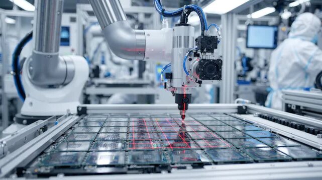 Robotic arm performing precision laser marking on semiconductor wafers in a high-tech cleanroom factory