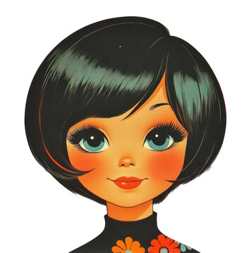PNG Vintage style cartoon girl portrait with big eyes and bob haircut