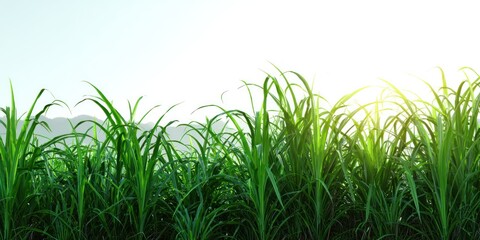 Obraz premium Green plants growing in a field under a bright sky with copy space background