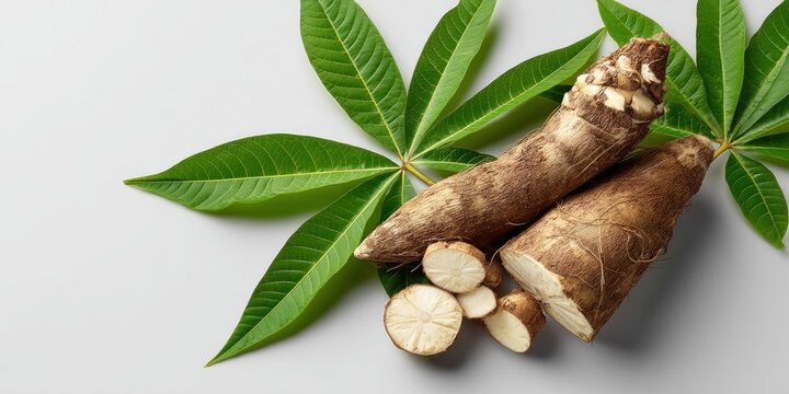Fresh cassava roots with green leaves arranged on a white background for food concepts
