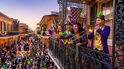 Naklejka premium Costumed friends celebrating above crowded street festival. Concept of carnival tourism, cultural traditions, nightlife and city events, tourism ads.