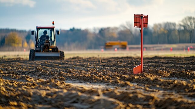 Tractor grading farmland, construction in background, autumn.  Use Agriculture, construction.