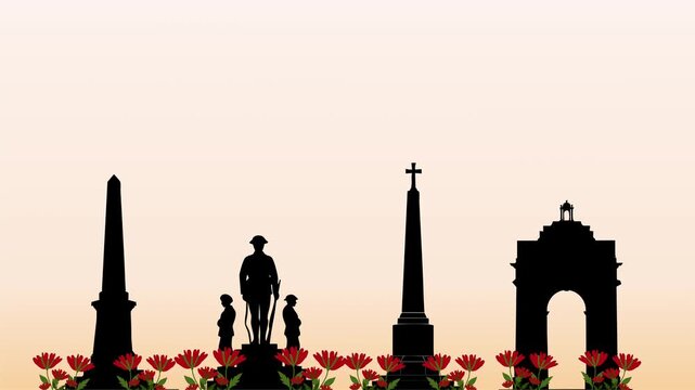 Silhouette of war memorial with poppies on horizon line