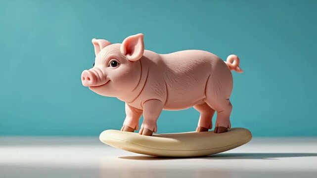 Smooth marzipan piglet figure rocks gently on its base, gradually settling askew off-center, showcasing playful balance and whimsical design in a bright setting