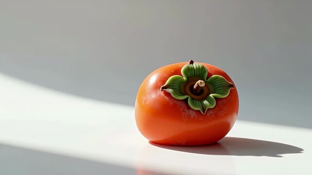 Smooth marzipan persimmon figure gradually slumps and settles off-center on a bright surface, showcasing its vibrant orange color and detailed green leaves