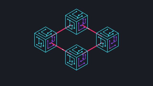 Isometric view of four interconnected digital cubes with circuit patterns on a dark background, representing a blockchain network.