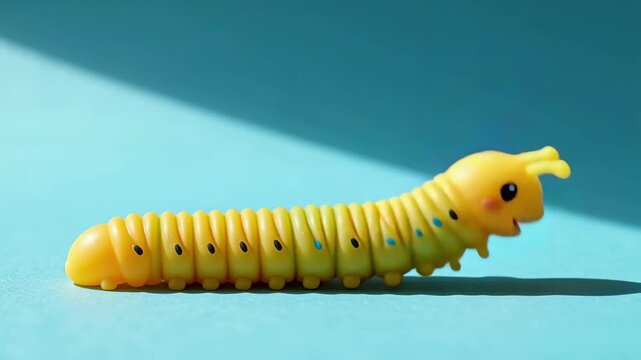 Yellow rubber caterpillar compresses flat and springs back into a playful pose on a blue background, showcasing its flexible design and vibrant colors