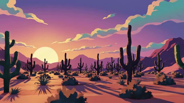 Beautiful desert landscape featuring tall saguaro cacti during a vibrant purple and orange sunset.