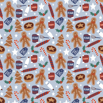 Gingerbread cookies with baking ingredients and festive decorations on a light blue background seamless pattern