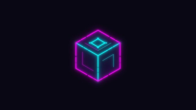 A vibrant neon glowing geometric cube with blue and magenta outlines against a dark, minimalist background, creating a futuristic abstract design.