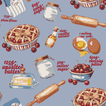 Homemade cherry pie ingredients and baking tools in a flat lay pattern with a pastel blue background