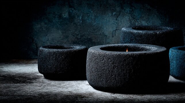 Dark, rough stone bowls holding warm flames, creating a serene and inviting atmosphere in dim lighting, perfect for meditation or enhancing outdoor ambiance.