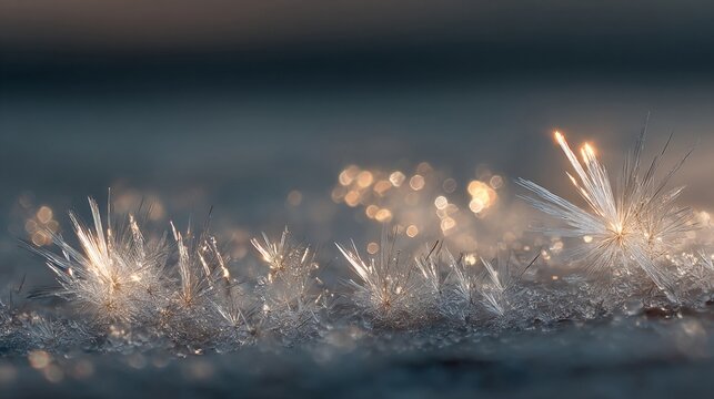 Delicate crystalline ice formations with soft golden light glinting on the surface, showcasing intricate winter frost textures.