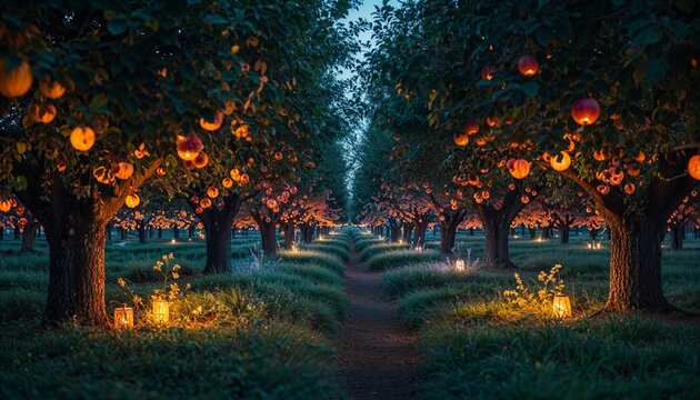 Night orchard with glowing lanterns hanging from apple trees lanterns lighting