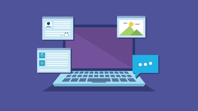 Laptop Computer Displaying Floating User Interface Windows and Digital Content Elements on Minimalist Purple Background