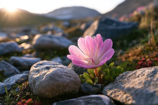 Wild bitterroot bloom in a rocky landscape with moss and gentle sunlight for a serene nature scene