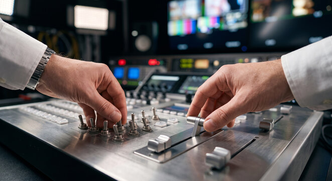 Audio broadcast engineer wearing white shirt adjusts mixing console volume fader level.
