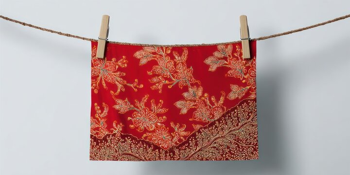 Red patterned fabric hanging on a clothesline isolated against a white background