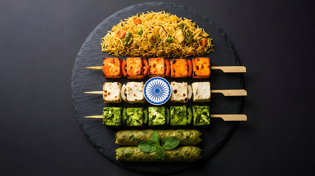 Patriotism Concept Paneer Tikka Skewers Arranged with Ashoka Chakra on Black Background