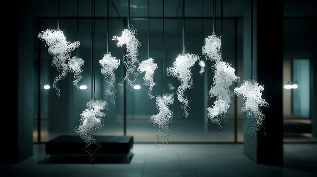 Ethereal abstract light art installation with glowing white forms suspended indoors