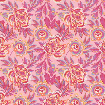 Pink floral pattern with bold blooms and tropical leaves in a vibrant watercolor style