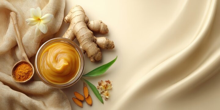 Turmeric ingredients with flower and textile background copy space wellness concept