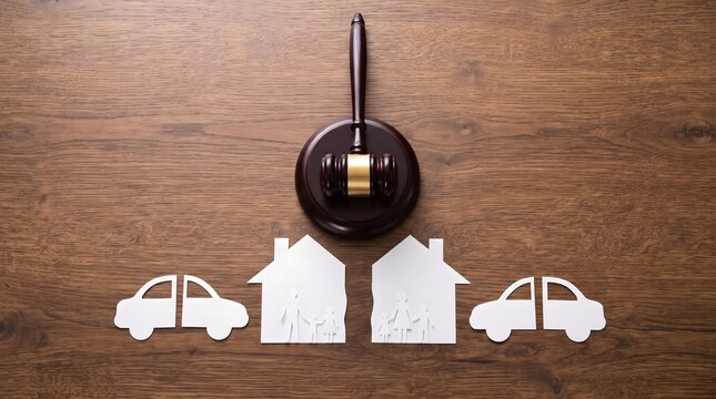Wooden judge gavel with cutouts of houses and cars representing divorce settlement and asset division