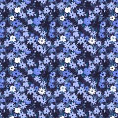 Small blue and white wildflowers with dark green leaves in a seamless pattern with soft lighting © Creativezone