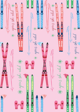 Skiing equipment in a repeating pattern with handwritten text on a pink background during winter