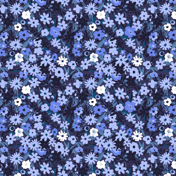 Small blue and white wildflowers with dark green leaves in a seamless pattern with soft lighting