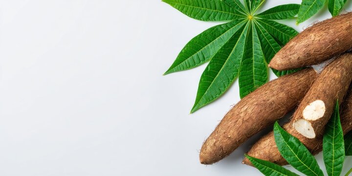 Fresh cassava roots with vibrant green leaves on a bright white background overhead view