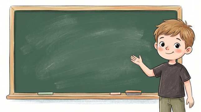 Back to school illustration with a cute schoolboy beside a blank classroom chalkboard, offering plenty of copy space for text, lessons and school designs