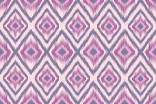 Seamless vector ikat pattern featuring traditional geometric diamond motifs with soft jagged edges. Designed in a gentle pastel purple, mauve, and soft blush pink color palette