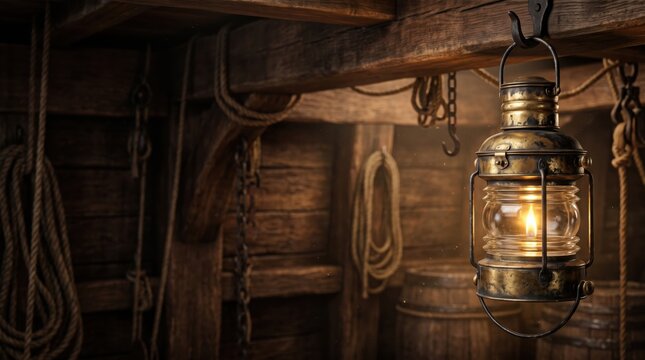 Old brass lantern glowing inside a wooden sailing ship with ropes and dark rustic details, creating a warm pirate adventure and maritime atmosphere