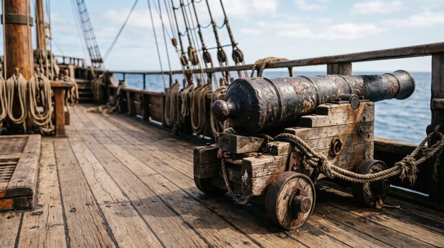 Old iron cannon on the wooden deck of a historic sailing ship, overlooking the ocean, creating a classic pirate adventure and maritime history scene