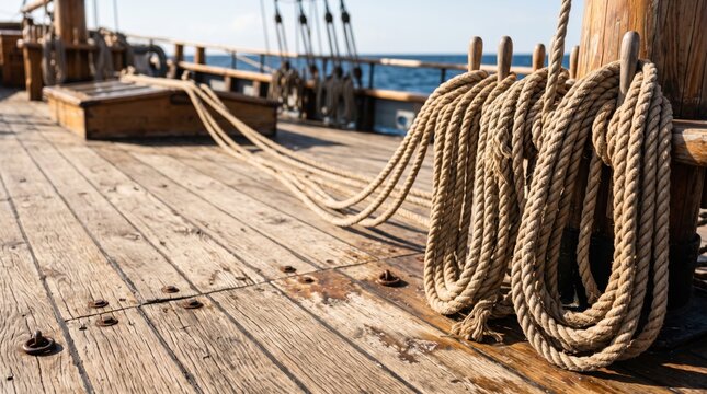 Ropes on the wooden deck of a sailing ship with the ocean in the background, showing maritime travel, sailing, nautical work and classic ship details