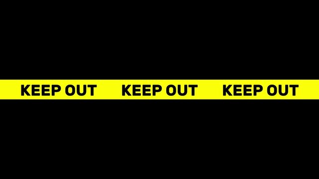 Animated yellow KEEP OUT caution tape overlay with seamless loop animation. 4K video with alpha channel. transparent background.