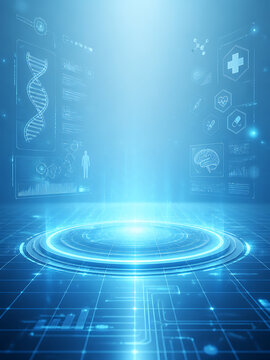 Futuristic medical technology cinematic hologram health care innovation glowing blue interface virtual screen digital data science background concept