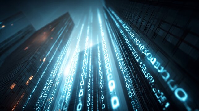 Futuristic digital binary code streams flowing down illuminated modern skyscrapers, representing technological advancement and data transmission in urban environments.